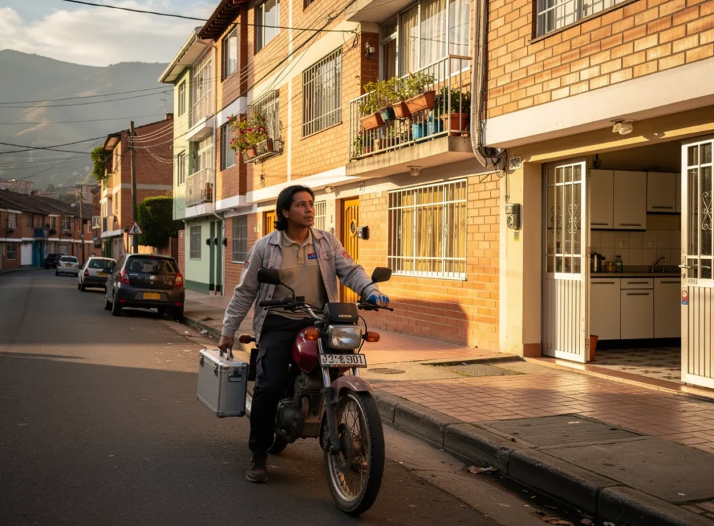 Técnico llegando en moto a una visita de nevera en Bogotá