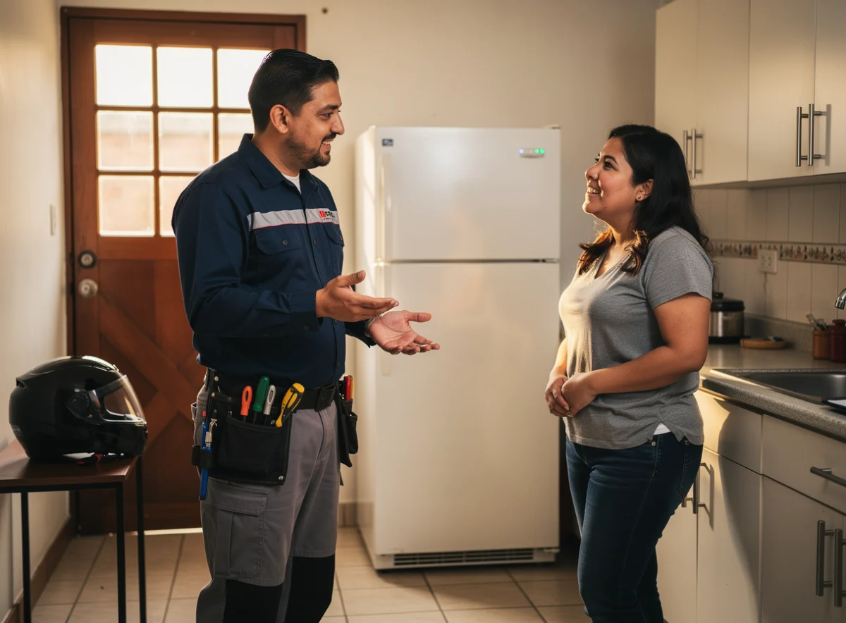 Servicio técnico a domicilio en Bogotá Técnico explicando la falla de la nevera en domicilio