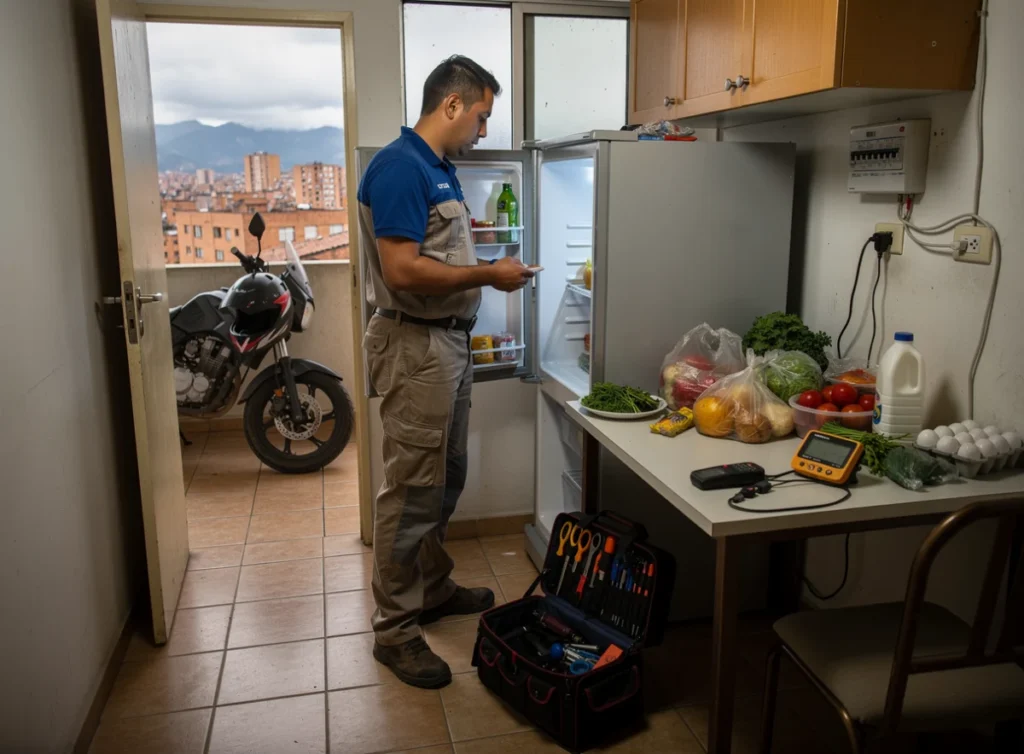 Técnico revisando un refrigerador que dejó de enfriar después de un corte de luz en Bogotá
