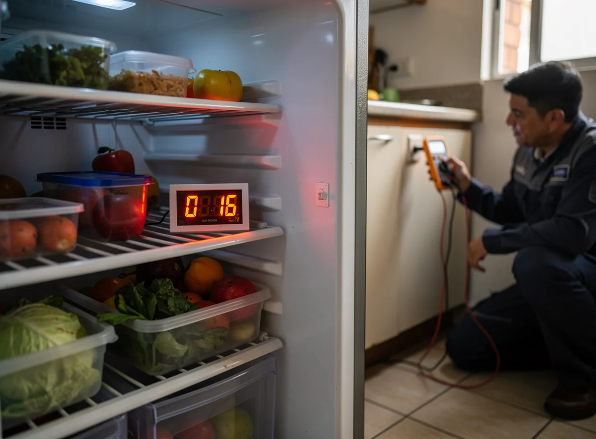La primera verificación: temperatura y energía Revisión de temperatura y toma eléctrica en una nevera que no enfría