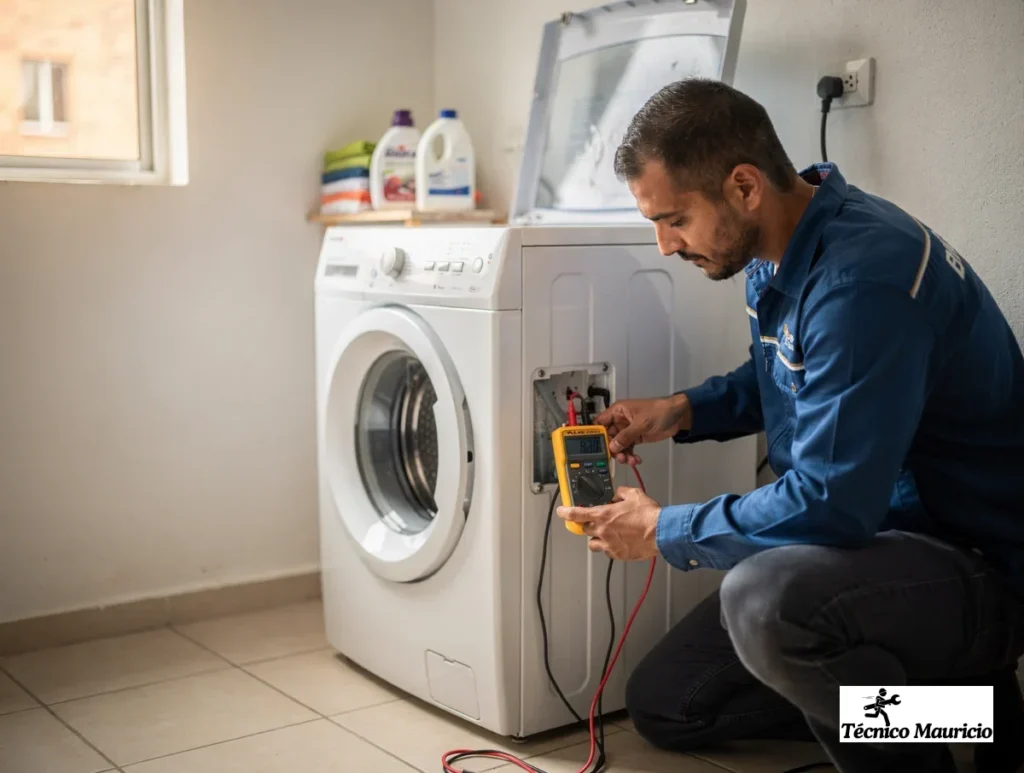 Mantenimiento de lavadoras Haceb en Barrios Unidos with a technician testing a washer in a bright Bogotá laundry room