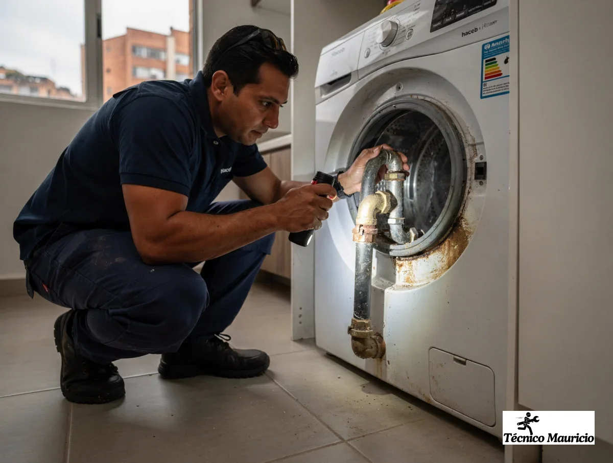 técnico revisando la entrada de agua y la manguera de una lavadora Haceb en interior de apartamento