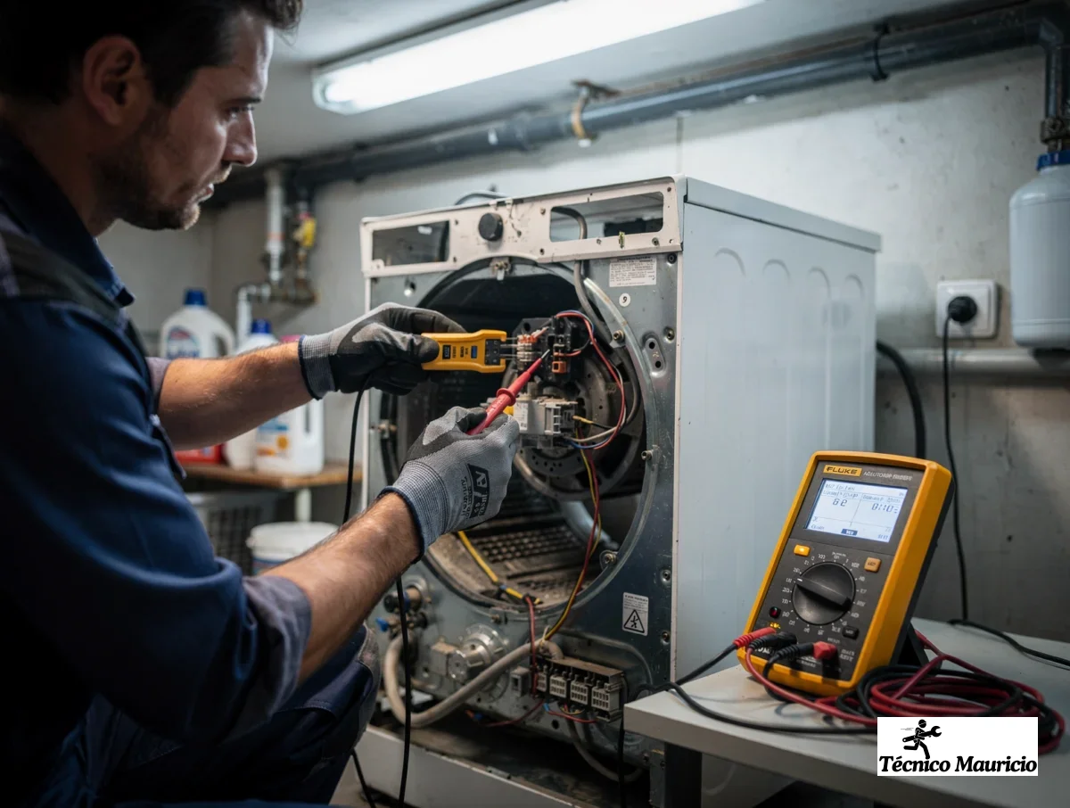 Técnico midiendo voltaje y señal en una lavadora durante la reparación.
