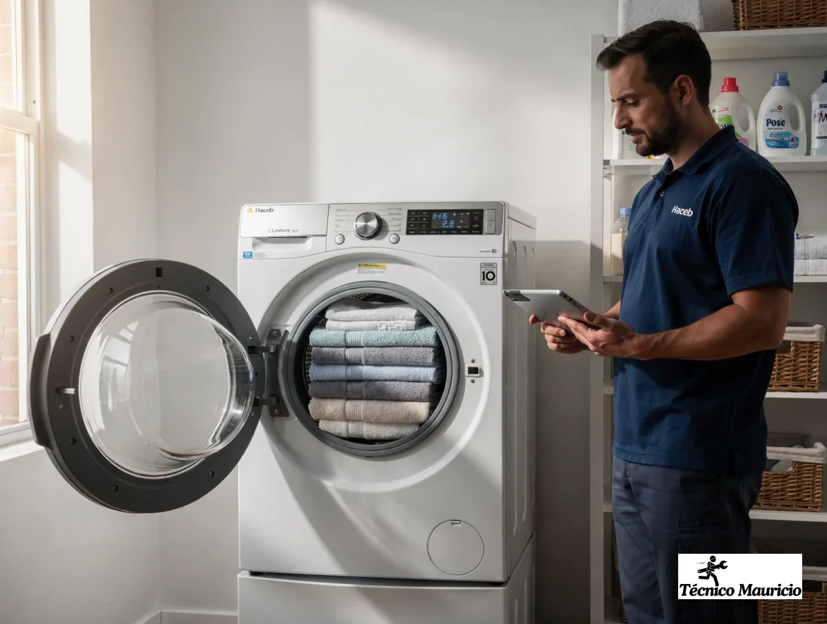 Lavadora Haceb probada después del arreglo, con centrifugado estable y ropa bien distribuida.