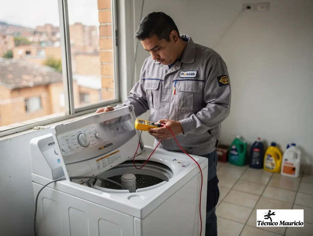 Technician performing reparación de lavadoras Haceb en Fontibón Bogotá while testing a top-load washer with a multimeter in a bright apartment laundry room.