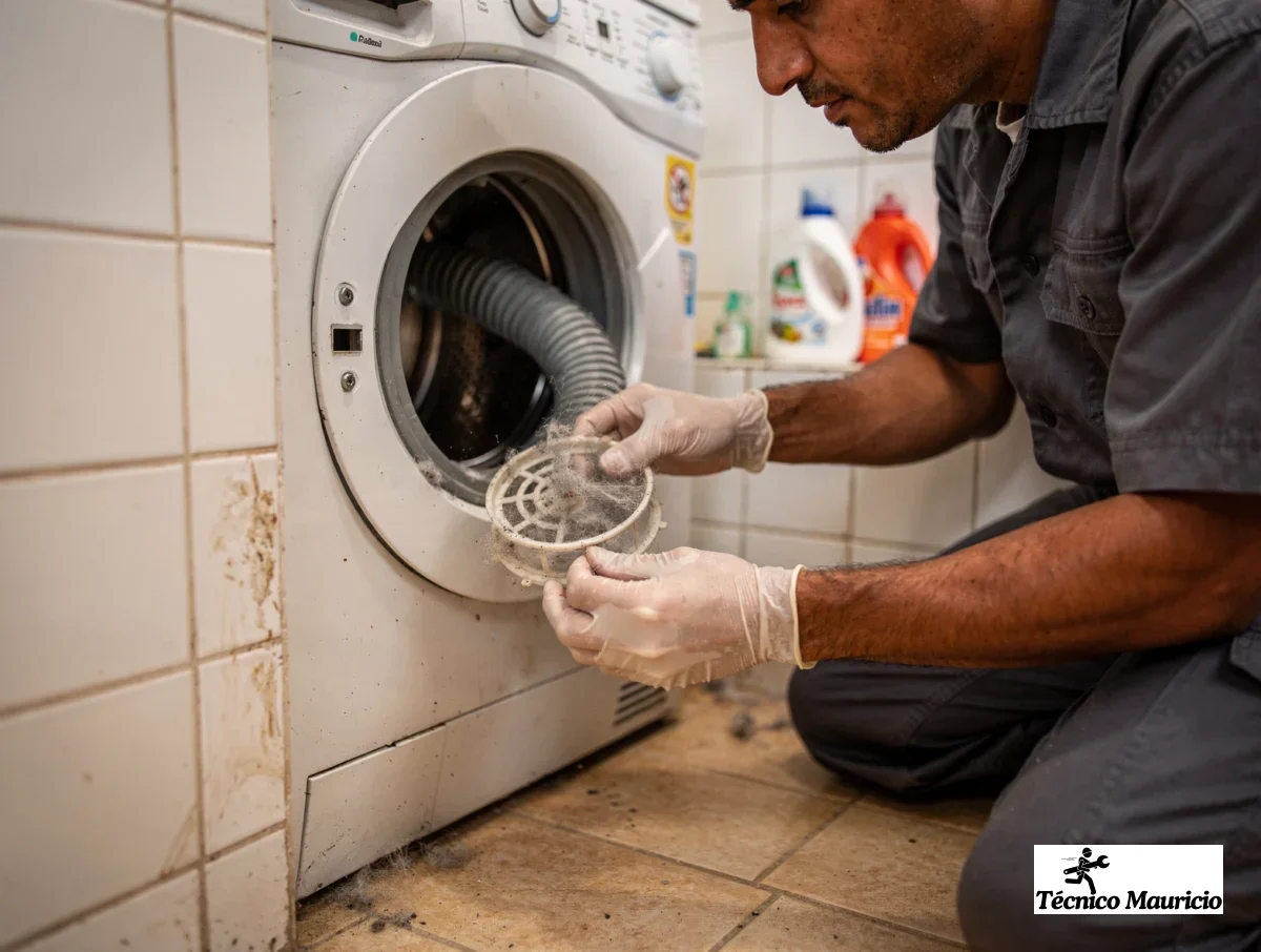 Close-up of a drain hose and pump filter being inspected inside a residential laundry corner.