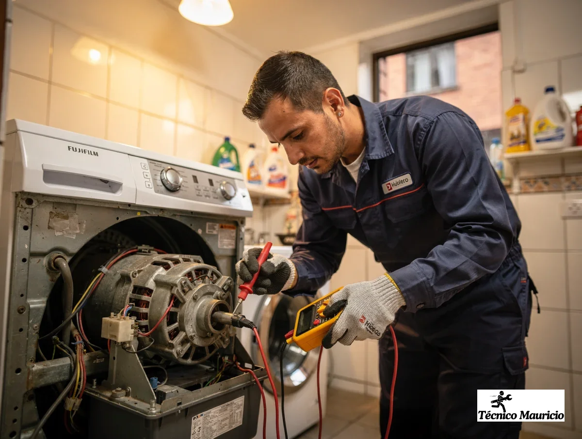 Technician diagnosing a washer motor with a probe tester and a multimeter in a home laundry room.